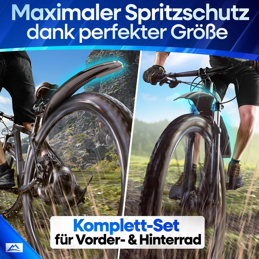Nextcover Schutzblech Komplett-Set für Vorder- und Hinterrad – bietet maximalen Spritzschutz bei jeder Fahrt dank optimaler Größe und aerodynamischem Design, ideal für Mountainbike und Trekkingrad.
