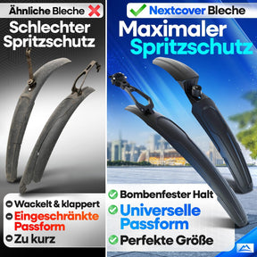 Vergleichsbild zwischen herkömmlichen Schutzblechen und dem Nextcover Schutzblech – zeigt maximalen Spritzschutz, universelle Passform und stabilen Halt dank innovativem Design im Gegensatz zu klappernden, schlecht sitzenden Standardmodellen. Ideal für alle Fahrradtypen.