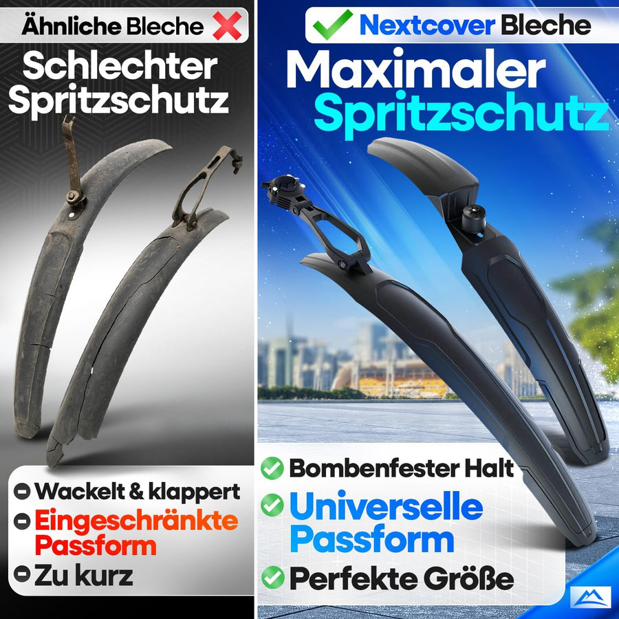 Vergleichsbild zwischen herkömmlichen Schutzblechen und dem Nextcover Schutzblech – zeigt maximalen Spritzschutz, universelle Passform und stabilen Halt dank innovativem Design im Gegensatz zu klappernden, schlecht sitzenden Standardmodellen. Ideal für alle Fahrradtypen.