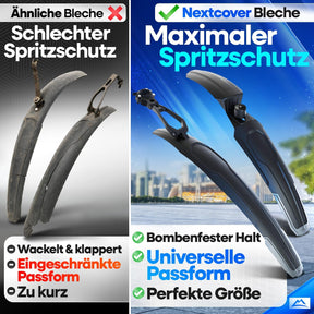 Vergleichsbild zwischen herkömmlichen Schutzblechen und dem Nextcover Schutzblech – zeigt maximalen Spritzschutz, universelle Passform und stabilen Halt dank innovativem Design im Gegensatz zu klappernden, schlecht sitzenden Standardmodellen. Ideal für alle Fahrradtypen.