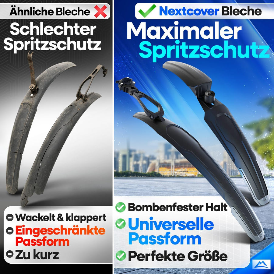 Vergleichsbild zwischen herkömmlichen Schutzblechen und dem Nextcover Schutzblech – zeigt maximalen Spritzschutz, universelle Passform und stabilen Halt dank innovativem Design im Gegensatz zu klappernden, schlecht sitzenden Standardmodellen. Ideal für alle Fahrradtypen.