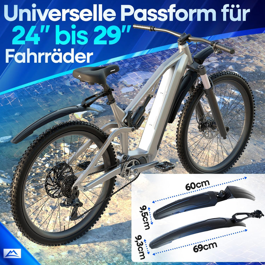 Nextcover Schutzblech-Set mit universeller Passform für 24 bis 29 Zoll Fahrräder – optimale Maße von 60 cm und 69 cm für maximalen Schutz und perfekte Kompatibilität mit Mountainbikes, E-Bikes und Trekkingrädern.