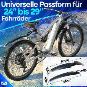 Nextcover Schutzblech-Set mit universeller Passform für 24 bis 29 Zoll Fahrräder – optimale Maße von 60 cm und 69 cm für maximalen Schutz und perfekte Kompatibilität mit Mountainbikes, E-Bikes und Trekkingrädern.