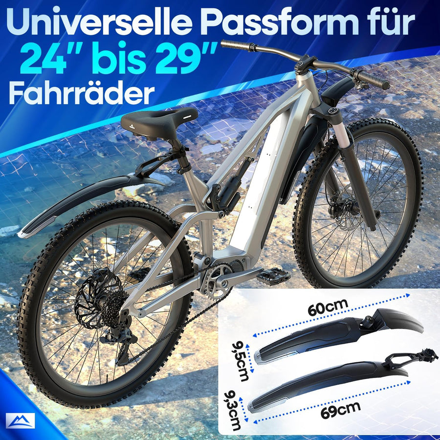 Nextcover Schutzblech-Set mit universeller Passform für 24 bis 29 Zoll Fahrräder – optimale Maße von 60 cm und 69 cm für maximalen Schutz und perfekte Kompatibilität mit Mountainbikes, E-Bikes und Trekkingrädern.