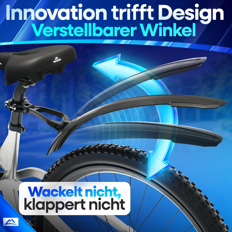 Nextcover Fahrrad-Schutzblech mit verstellbarem Winkel – innovatives Design für individuellen Spritzschutz, wackelfrei und klapperfrei auch bei holprigen Strecken. Ideal für Mountainbikes und Trekkingräder.