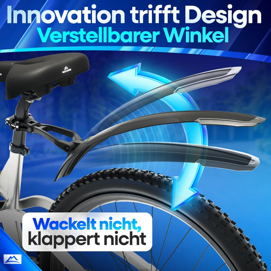 Nextcover Fahrrad-Schutzblech mit verstellbarem Winkel – innovatives Design für individuellen Spritzschutz, wackelfrei und klapperfrei auch bei holprigen Strecken. Ideal für Mountainbikes und Trekkingräder.