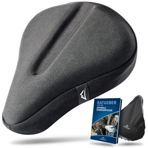 Breiter Nextcover Gel-Sattelüberzug inklusive Ratgeber für Fahrradpflege und zusätzlichem wasserdichtem Überzug, ideal für sportliche Fahrten und optimalen Schutz bei jedem Wetter.