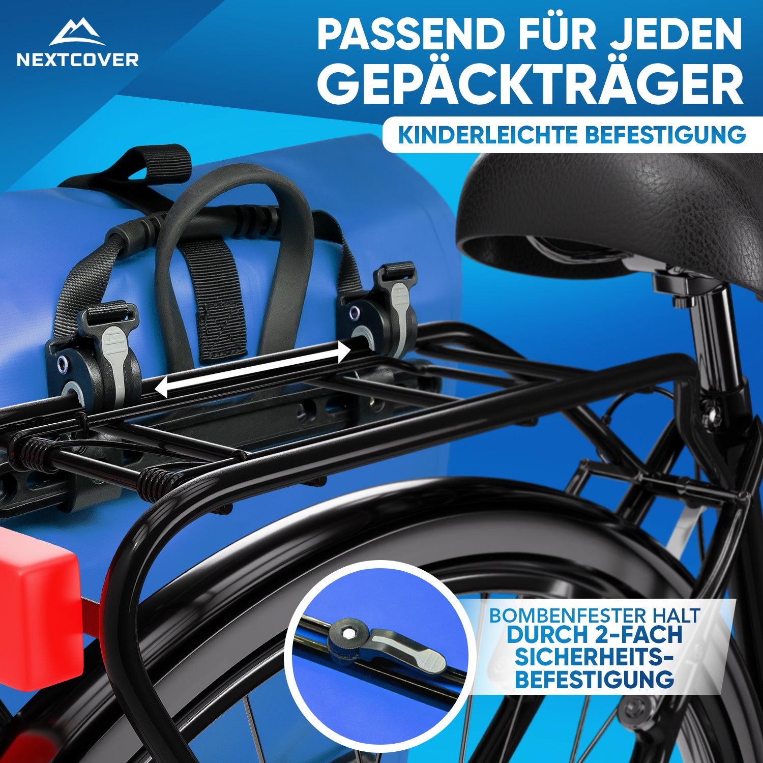 Nextcover Fahrradtasche mit universeller 2-Fach Sicherheits-Befestigung, passend für jeden Gepäckträger, kinderleichte Montage und sicherer Halt.