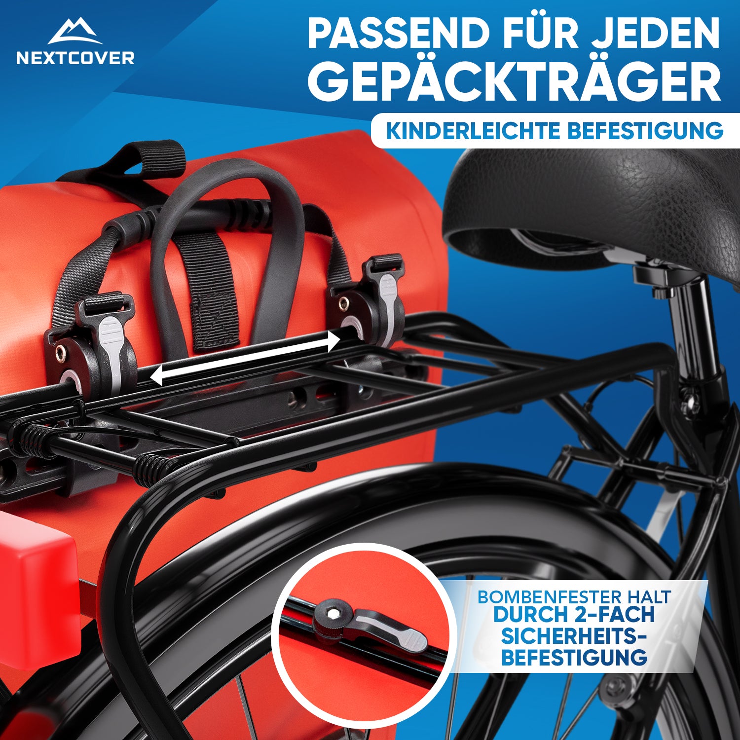 Nextcover Fahrradtasche mit universeller 2-Fach Sicherheits-Befestigung, passend für jeden Gepäckträger, kinderleichte Montage und sicherer Halt.