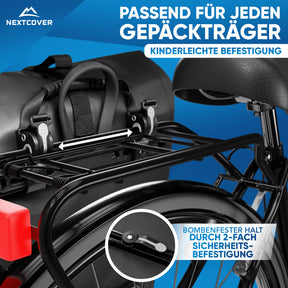 Nextcover Fahrradtasche mit universeller 2-Fach Sicherheits-Befestigung, passend für jeden Gepäckträger, kinderleichte Montage und sicherer Halt.