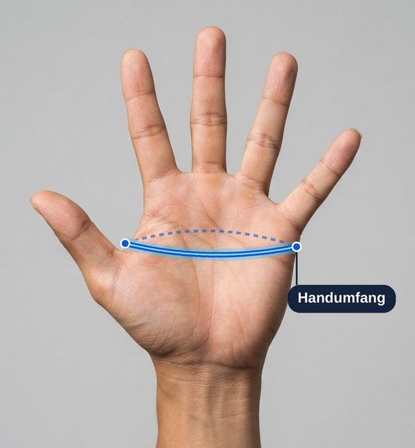 Offene Hand mit markiertem Handumfang direkt unter den Fingern, ohne Daumen